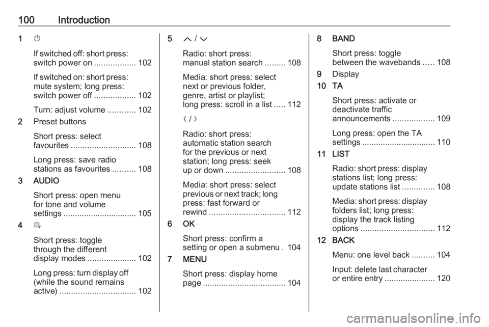 OPEL CROSSLAND X 2018  Infotainment system 100Introduction1X
If switched off: short press:
switch power on ..................102
If switched on: short press:
mute system; long press:
switch power off ..................102
Turn: adjust volume .