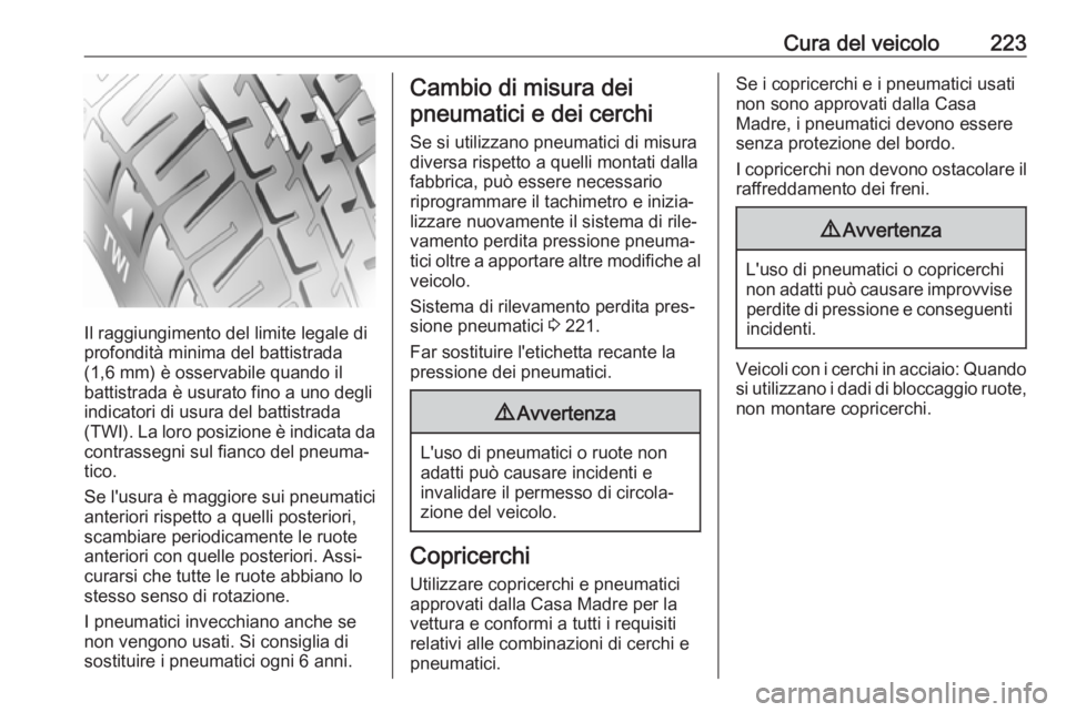 OPEL CROSSLAND X 2018.5  Manuale di uso e manutenzione (in Italian) Cura del veicolo223
Il raggiungimento del limite legale di
profondità minima del battistrada
(1,6 mm) è osservabile quando il
battistrada è usurato fino a uno degli
indicatori di usura del battistr