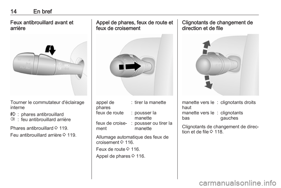 OPEL VIVARO B 2018  Manuel dutilisation (in French) 14En brefFeux antibrouillard avant et
arrière
Tourner le commutateur d'éclairage
interne
>:phares antibrouillardø:feu antibrouillard arrière
Phares antibrouillard  3 119.
Feu antibrouillard ar