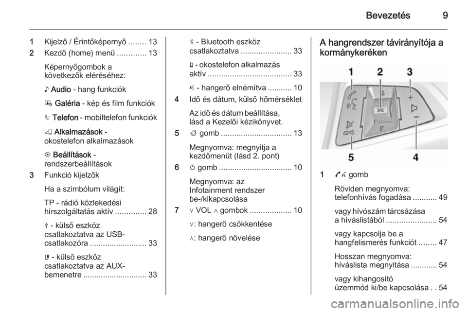 OPEL ADAM 2015  Infotainment kézikönyv (in Hungarian) Bevezetés9
1Kijelző / Érintőképernyő ........13
2 Kezdő (home) menü .............13
Képernyőgombok a
következők eléréséhez:
♪  Audio  - hang funkciók
P  Galéria  - kép és film fun