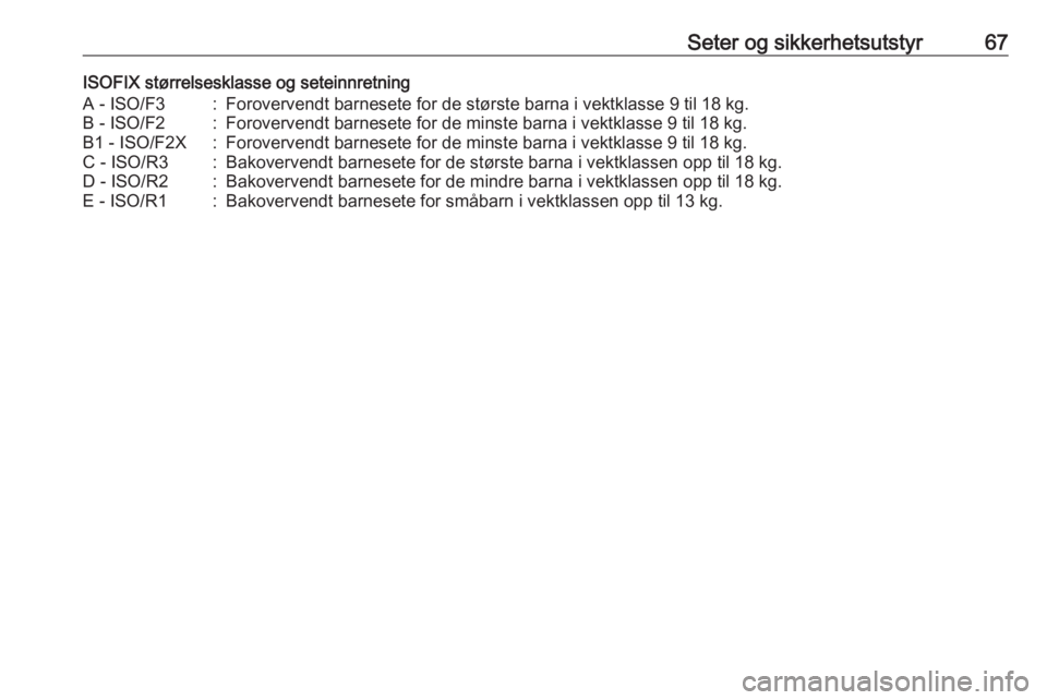 OPEL CASCADA 2018.5  Instruksjonsbok Seter og sikkerhetsutstyr67ISOFIX størrelsesklasse og seteinnretningA - ISO/F3:Forovervendt barnesete for de største barna i vektklasse 9 til 18 kg.B - ISO/F2:Forovervendt barnesete for de minste ba
