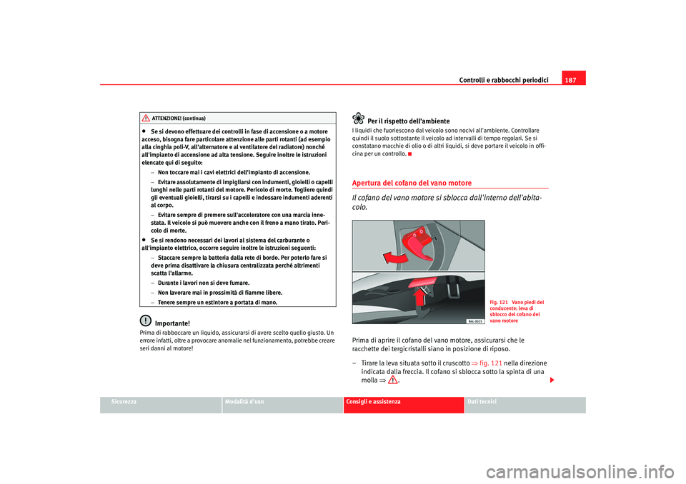 Seat Cordoba 2008  Manuale del proprietario (in Italian) Controlli e rabbocchi periodici187
Sicurezza
Modalità duso
Consigli e assistenza
Dati tecnici
•
Se si devono effettuare dei controlli in fase di accensione o a motore 
acceso, bisogna fare partico