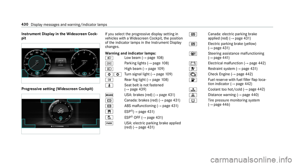 MERCEDES-BENZ E-CLASS COUPE 2018  Owners Manual Instrument Display intheWi descreen Co ck‐
pit
Prog ressive setting (Widescreen Cockpit)
Ifyo u select the progressive display setting in
ve hicles with a Widescreen Cockpit, the position
of the ind