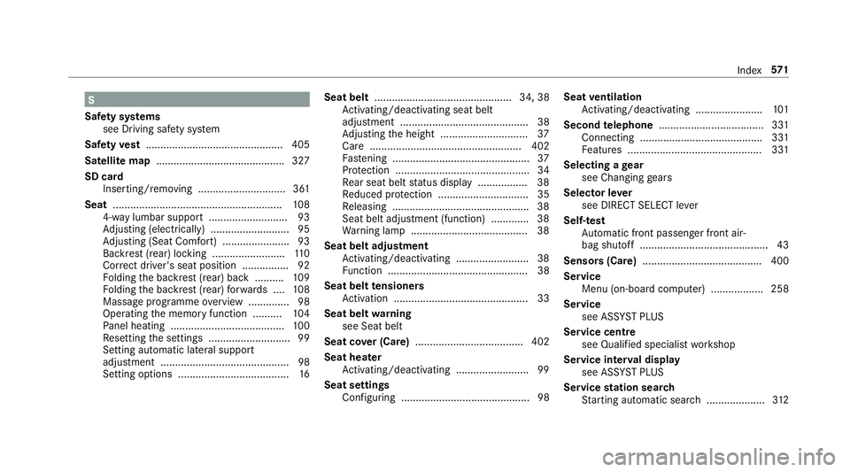 MERCEDES-BENZ CLS COUPE 2018  Owners Manual S
Saf ety sy stems
see Driving saf ety sy stem
Saf etyve st ............................................... 405
Satelli temap ............................................ 327
SD ca rd
Inserting/removi