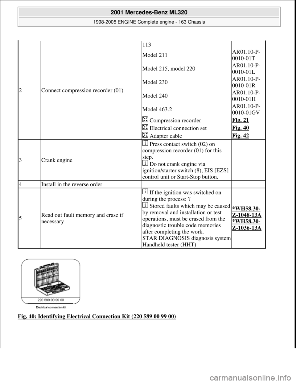 MERCEDES-BENZ ML500 1997  Complete Repair Manual Fig. 40: Identifying Electrical Connection Kit (220 589 00 99 00)
2Connect compression recorder (01)
113
Model 211AR01.10-P- 
0010-01T
Model 215, model 220AR01.10-P-
0010-01L
Model 230AR01.10-P-
0010-