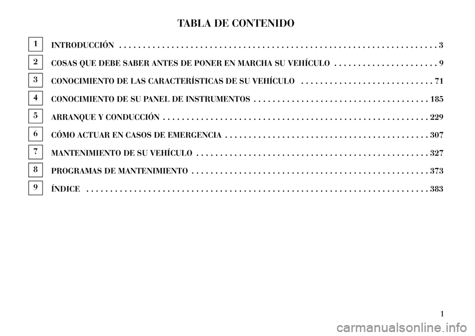 Lancia Thema 2013  Manual de Empleo y Cuidado (in Spanish) TABLA DE CONTENIDO
1INTRODUCCIÓN . . . . . . . . . . . . . . . . . . . . . . . . . . . . . . . . . . . . . . . . . . . . . . . . . . . . . . . . . . . . . . . . . . . 32COSAS QUE DEBE SABER ANTES DE 