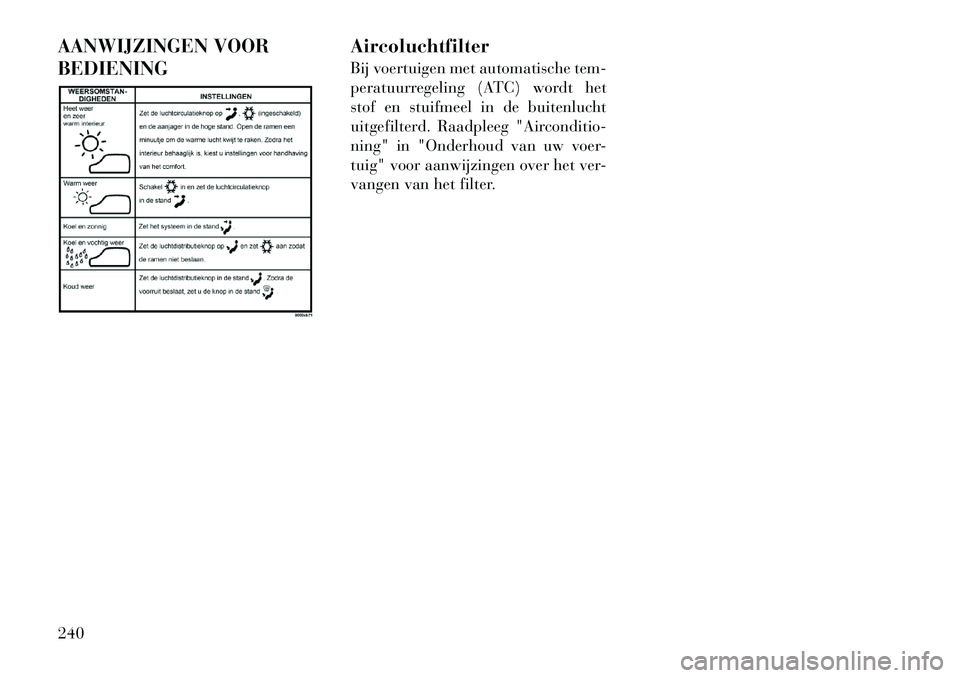 Lancia Voyager 2011  Instructieboek (in Dutch) AANWIJZINGEN VOOR BEDIENINGAircoluchtfilter 
Bij voertuigen met automatische tem- 
peratuurregeling (ATC) wordt het
stof en stuifmeel in de buitenlucht
uitgefilterd. Raadpleeg "Airconditio-
ning" in "