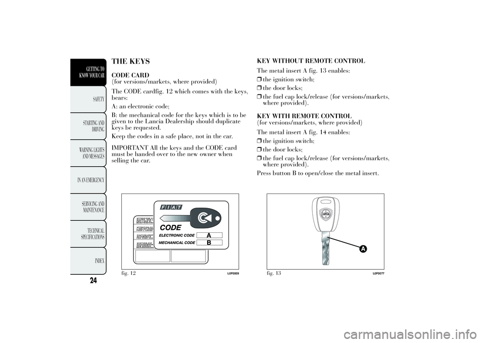 Lancia Ypsilon 2011  Owner handbook (in English) THE KEYSCODE CARD
(for versions/markets, where provided)
The CODE cardfig. 12 which comes with the keys,
bears:
A: an electronic code;
B: the mechanical code for the keys which is to be
given to the L