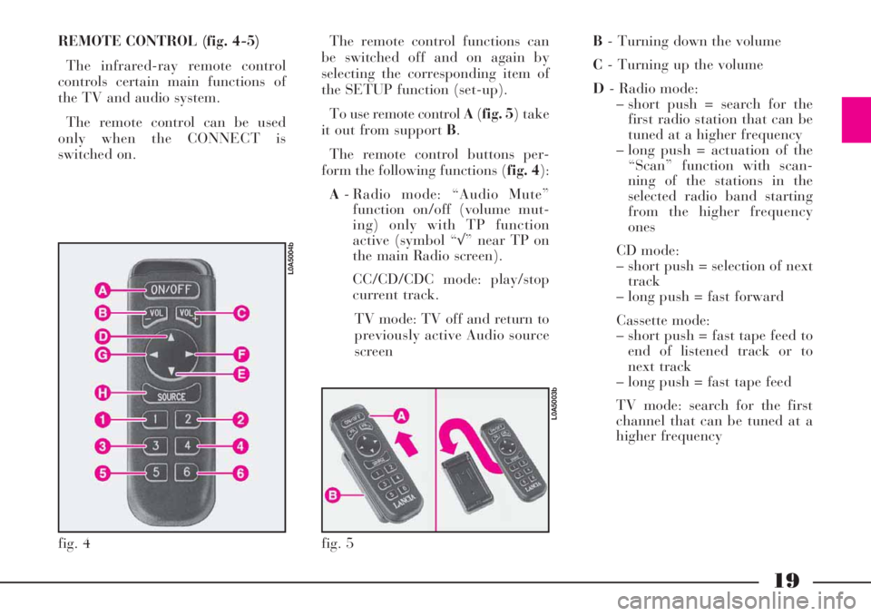Lancia Thesis 2008  Owner handbook (in English) 19
REMOTE CONTROL (fig. 4-5)
The infrared-ray remote control
controls certain main functions of
the TV and audio system.
The remote control can be used
only when the CONNECT is
switched on. The remote