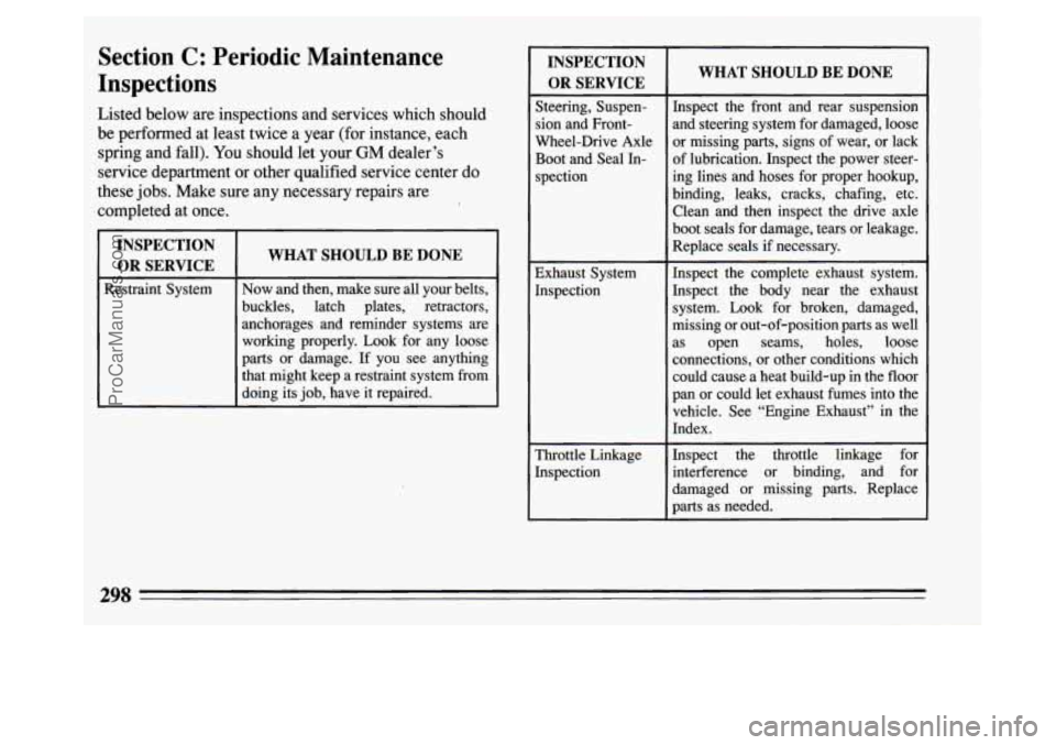 BUICK PARK AVENUE 1994  Owners Manual Section C: Periodic Maintenance 
Inspections 
Listed below  are inspections  and services which should 
be  performed  at  least twice a year  (for instance, each 
spring  and  fall).  You should  let