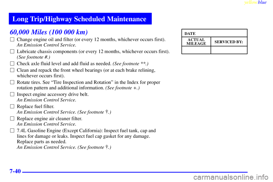 GMC SAVANA 2000 Repair Manual Long Trip/Highway Scheduled Maintenance
yellowblue     
7-40
60,000 Miles (100 000 km)
Change engine oil and filter (or every 12 months, whichever occurs first). 
An Emission Control Service. 
Lubri