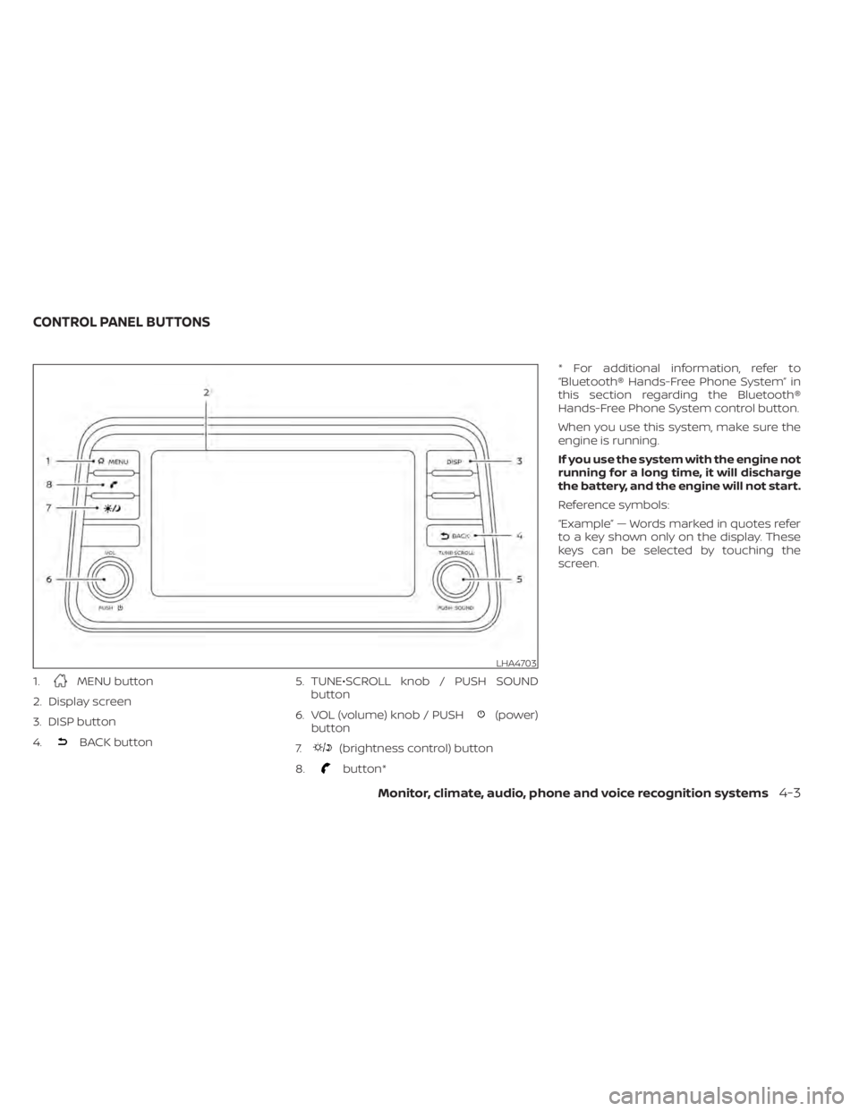 NISSAN KICKS 2020  Owner´s Manual 1.MENU button
2. Display screen
3. DISP button
4.
BACK button 5. TUNE•SCROLL knob / PUSH SOUND
button
6. VOL (volume) knob / PUSH
(power)
button
7.
(brightness control) button
8.
button* * For addit