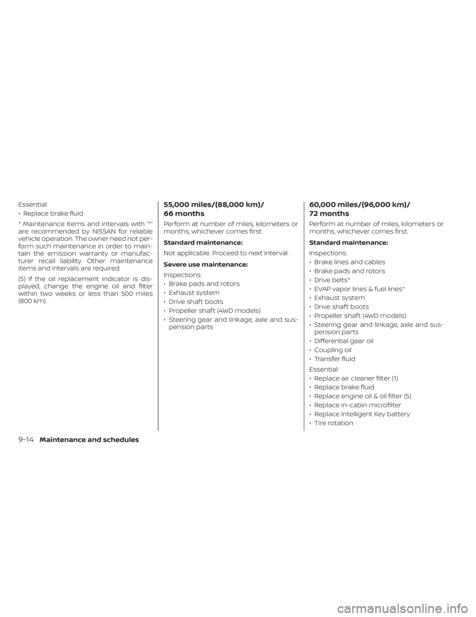 NISSAN PATHFINDER 2023  Owners Manual Essential:
• Replace brake fluid
* Maintenance items and intervals with “*”
are recommended by NISSAN for reliable
vehicle operation. The owner need not per-
form such maintenance in order to ma