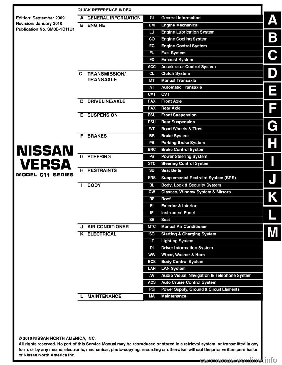 NISSAN TIIDA 2010  Service Repair Manual 
-1
QUICK REFERENCE INDEX 
AGENERAL INFORMATIONGIGeneral Information
BENGINEEMEngine Mechanical
LUEngine Lubrication System
COEngine Cooling System
ECEngine Control System
FLFuel System
EXExhaust Syst