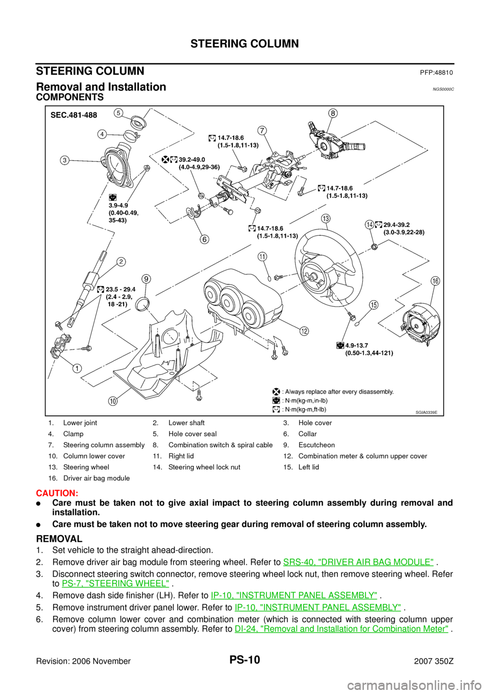 NISSAN 350Z 2007 Z33 Power Steering System Workshop Manual PS-10
STEERING COLUMN
Revision: 2006 November2007 350Z
STEERING COLUMNPFP:48810
Removal and InstallationNGS0000C
COMPONENTS
CAUTION:
Care must be taken not to give axial impact to steering column ass