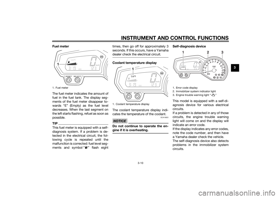 YAMAHA FZ8 N 2013  Owners Manual INSTRUMENT AND CONTROL FUNCTIONS
3-10
3
Fuel meter
The fuel meter indicates the amount of
fuel in the fuel tank. The display seg-
ments of the fuel meter disappear to-
wards “E” (Empty) as the fue