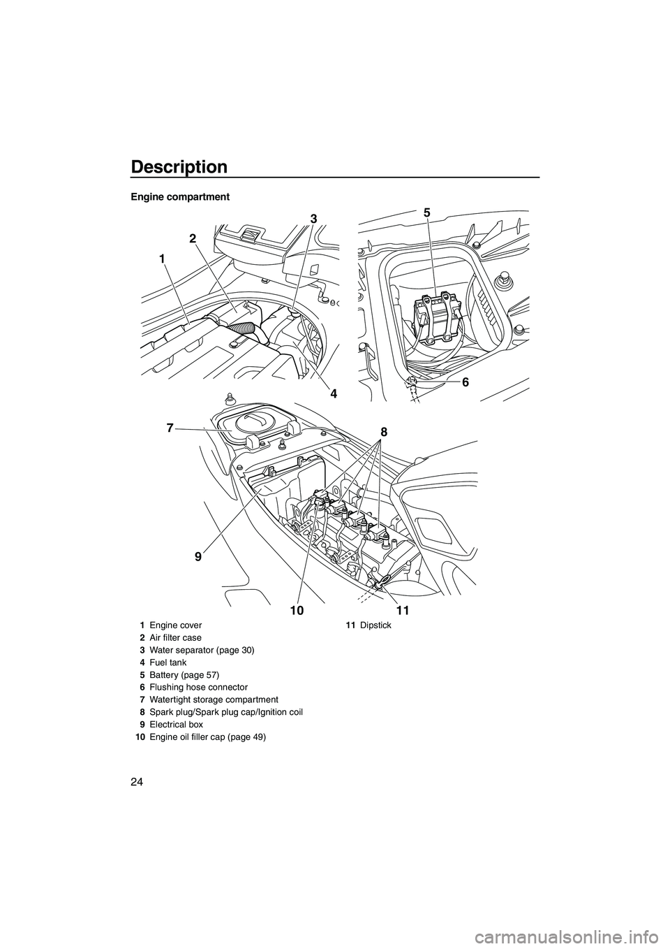 YAMAHA FZR 2013  Owners Manual Description
24
Engine compartment
12
3
4 6
5
10 11
8
97
1 Engine cover
2 Air filter case
3 Water separator (page 30)
4 Fuel tank
5 Battery (page 57)
6 Flushing hose connector
7 Watertight storage comp
