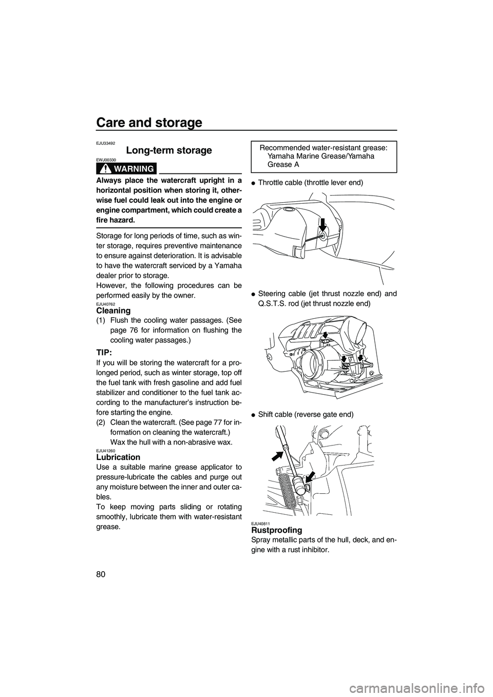 YAMAHA FZR 2013  Owners Manual Care and storage
80
EJU33492
Long-term storage 
WARNING
EWJ00330
Always place the watercraft upright in a
horizontal position when storing it, other-
wise fuel could leak out into the engine or
engine