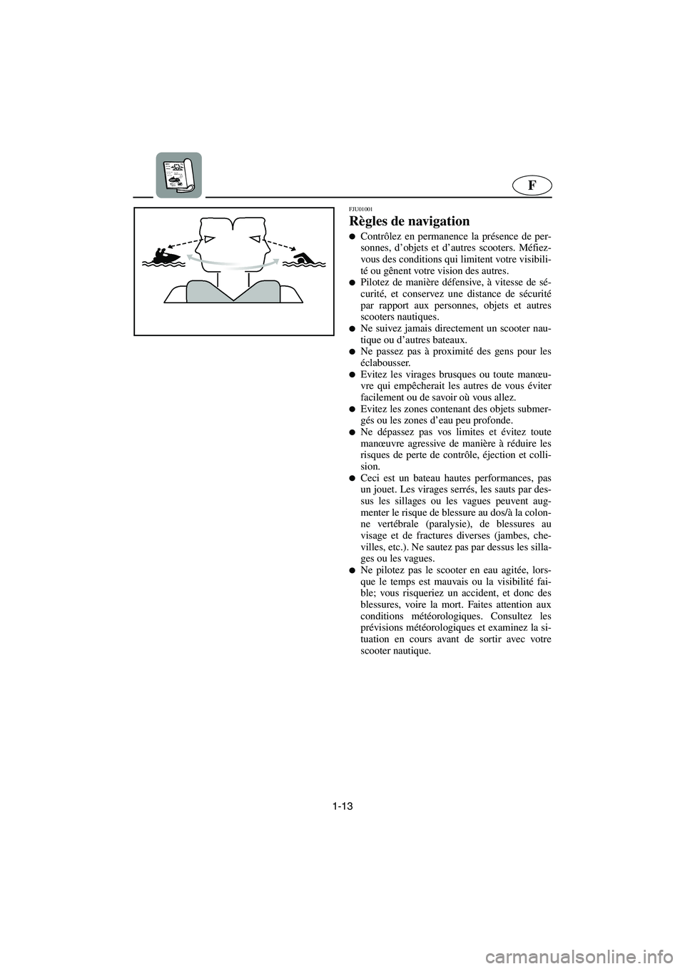 YAMAHA GP1200 2002  Manuale de Empleo (in Spanish) 1-13
F
FJU01001 
Règles de navigation  
Contrôlez en permanence la présence de per-
sonnes, d’objets et d’autres scooters. Méfiez-
vous des conditions qui limitent votre visibili-
té ou gên