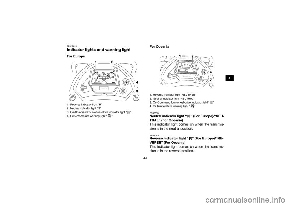 YAMAHA GRIZZLY 350 2014  Owners Manual 4-2
4
EBU17816Indicator lights and warning light For EuropeFor Oceania
EBU30820Neutral indicator light “ ” (For Europe)/“NEU-
TRAL” (For Oceania) 
This indicator light comes on when the transm