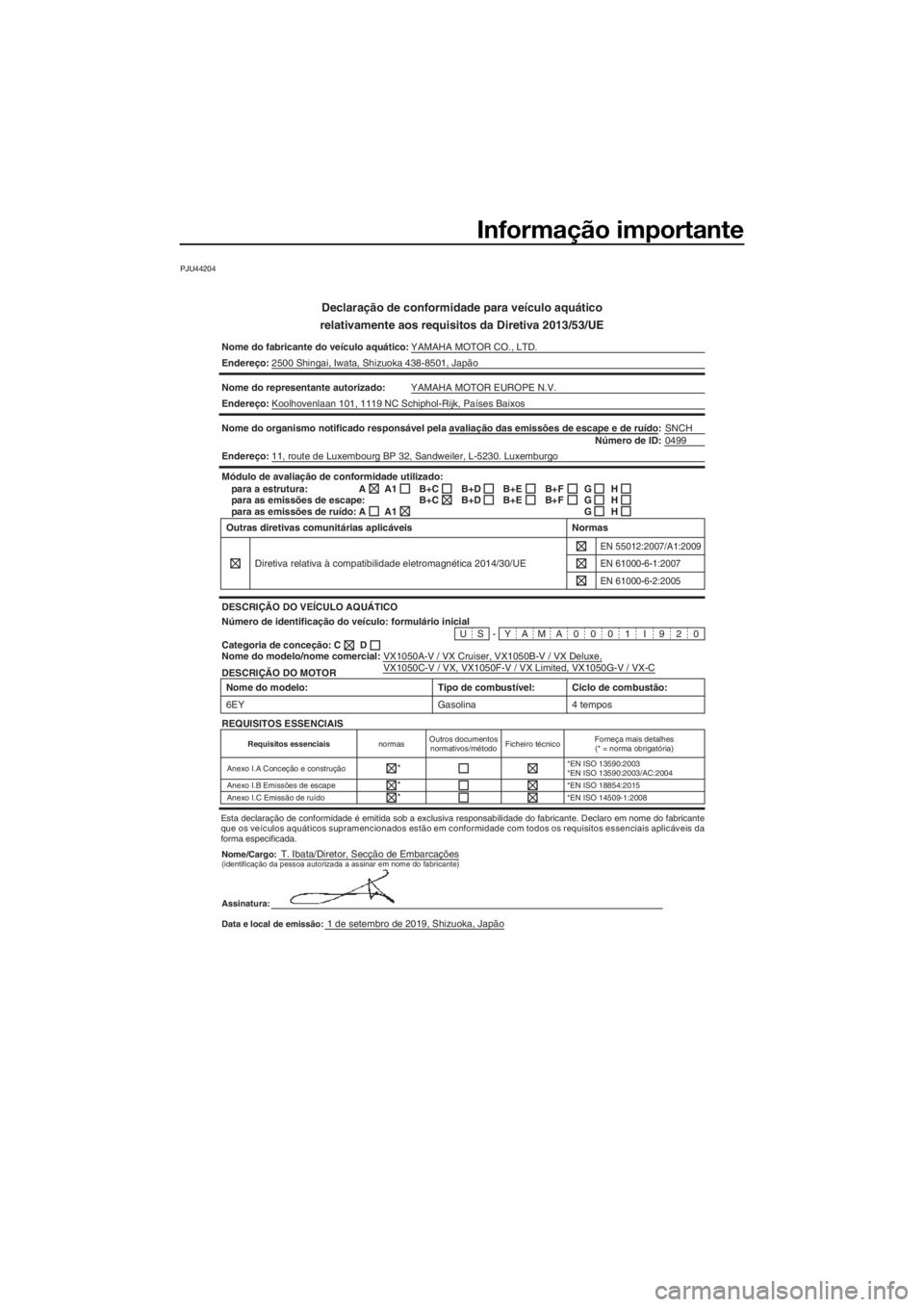 YAMAHA VX-C 2020  Manual de utilização (in Portuguese) Informação importante
PJU44204
Declaração de conformidade para veículo aquático
relativamente aos requisitos da Diretiva 2013/53/UE
Nome do fabricante do veículo aquático: YAMAHA MOTOR CO., LT