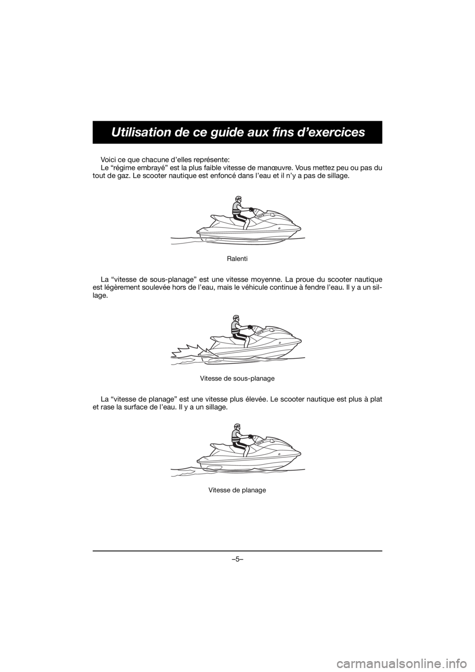 YAMAHA VX DELUXE 2020  Manual de utilização (in Portuguese) –5–
Utilisation de ce guide aux fins d’exercices
Voici ce que chacune d’elles représente: 
Le “régime embrayé” est la plus faible vitesse de manœuvre. Vous mettez peu ou pas du
tout de