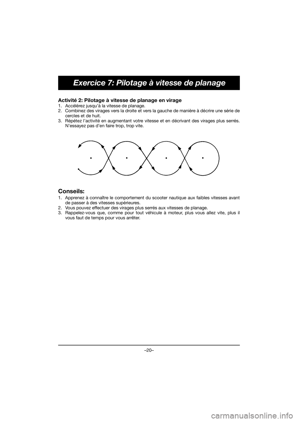 YAMAHA VX DELUXE 2020  Manual de utilização (in Portuguese) –20–
Exercice 7: Pilotage à vitesse de planage
Activité 2: Pilotage à vitesse de planage en virage 
1. Accélérez jusqu’à la vitesse de planage. 
2. Combinez des virages vers la droite et v