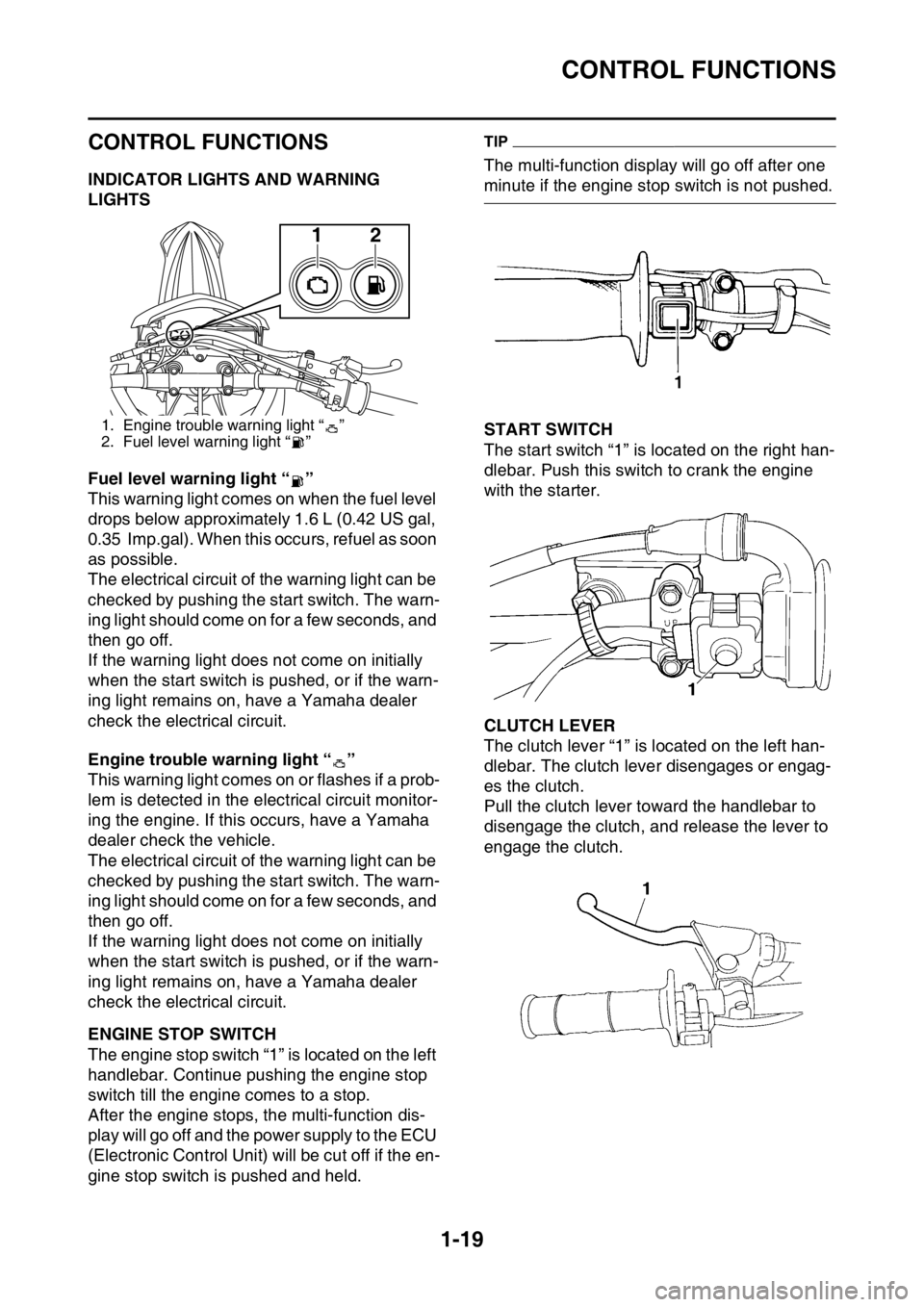 YAMAHA WR 250F 2016  Owners Manual CONTROL FUNCTIONS
1-19
EAS2GB7029
CONTROL FUNCTIONS
EAS2GB7030INDICATOR LIGHTS AND WARNING 
LIGHTS
Fuel level warning light “ ”
This warning light comes on when the fuel level 
drops below approxi