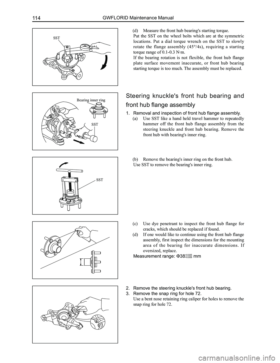 GREAT WALL FLORID 2008  Service Manual Downloaded from www.Manualslib.com manuals search engine GWFLORID Maintenance Manual114
(d) Measure the front hub bearing's starting torque.
Put  the  SST  on  the  wheel  bolts  which  are  at  t