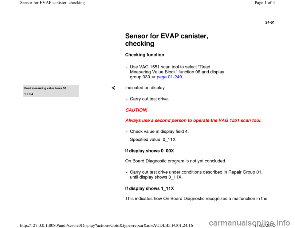 AUDI A4 1999 B5 / 1.G AFC Engine Sensor For EVAP Canister Checking Workshop Manual 