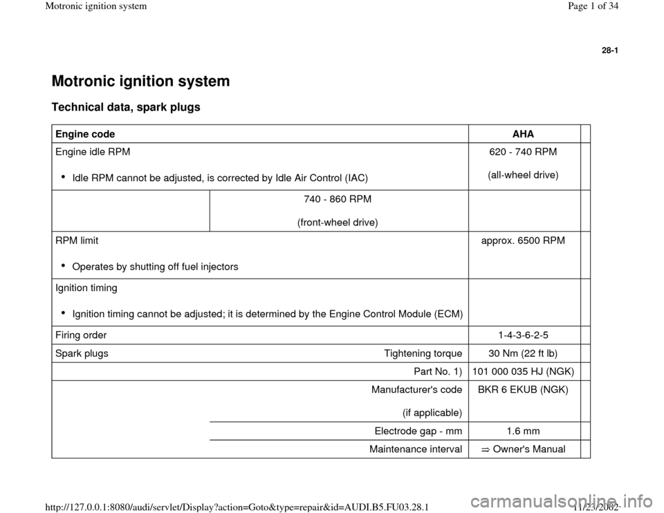 AUDI A8 1998 D2 / 1.G AHA Engine Motronic Ignition System Workshop Manual 
