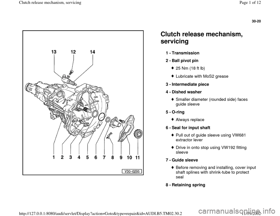 AUDI A4 1996 B5 / 1.G 01A Transmission Clutch Release Mechanism Service Workshop Manual 