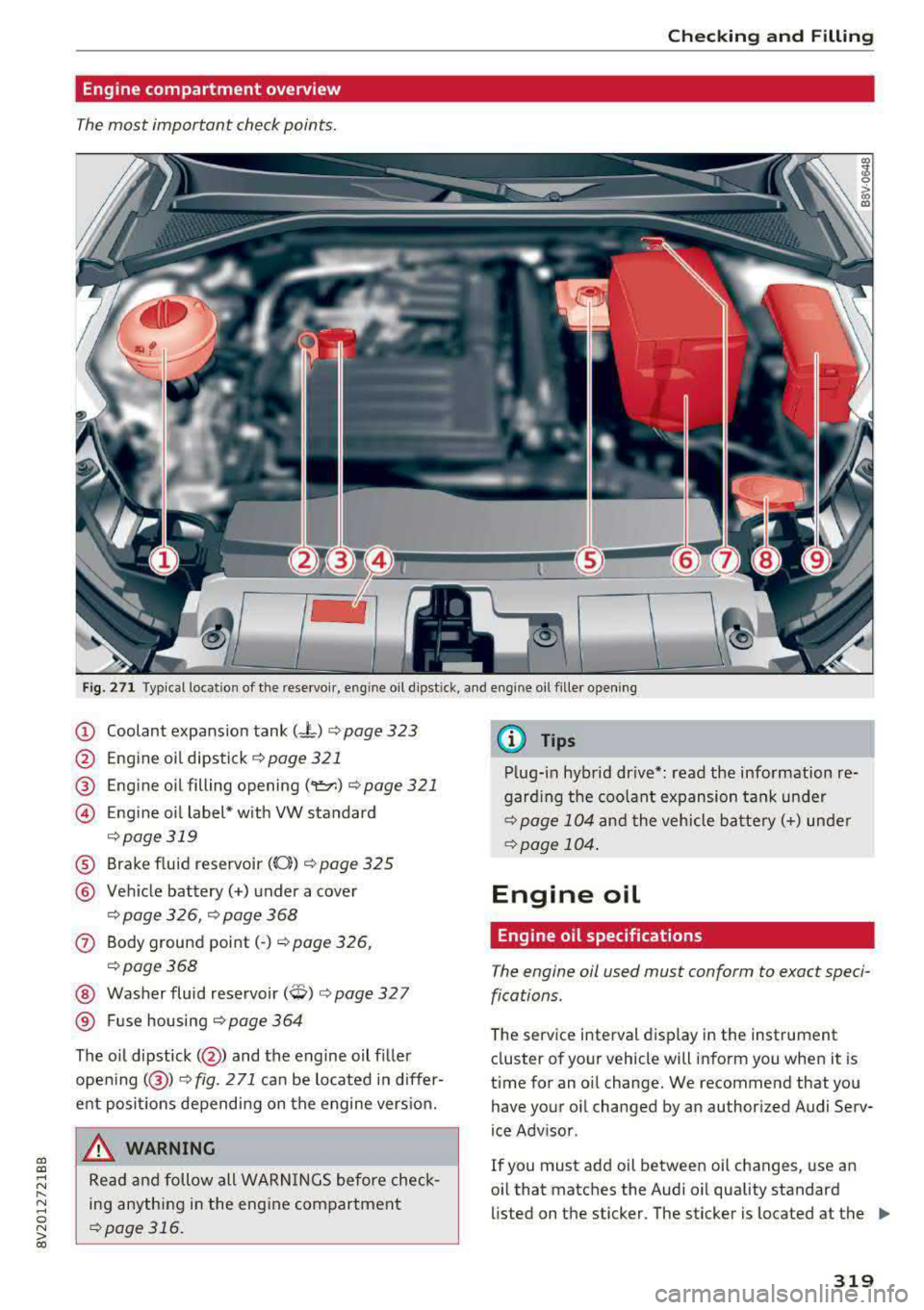 AUDI A3 SEDAN 2017  Owners Manual a,  a, ..... N 
" N ..... 0 N > 00 
Checking  and Filling 
Engine compartment  overview 
The most  important  check points . 
-
Fig. 271 Typical location of  the  reservoir , engine oil dipst ick,  an