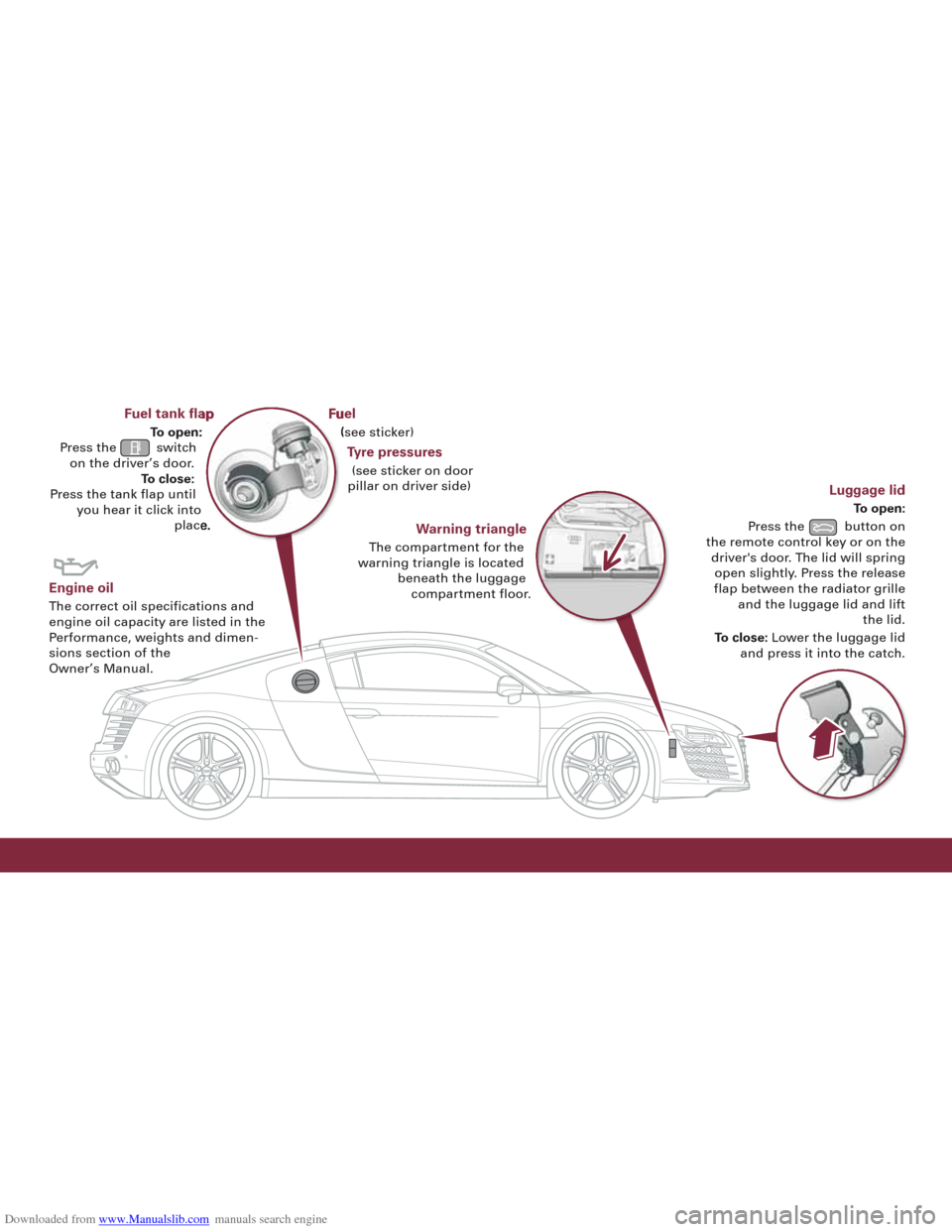 AUDI R8 2008 1.G Quick Reference Guide Downloaded from www.Manualslib.com manuals search engine Fuel tank flap
To open: 
Press the  switch on the driver’s door. To close:
Press the tank flap until you hear it click into place.
Engine oil