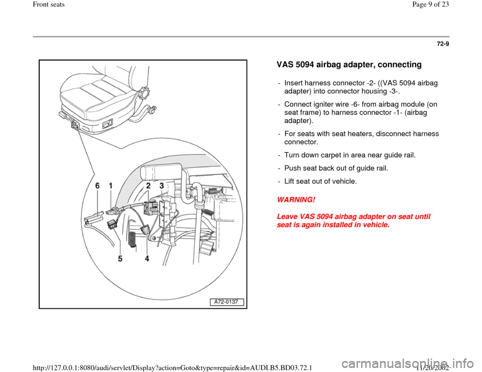 warning AUDI A4 1997 B5 / 1.G Front Seats Workshop Manual (23 Pages)