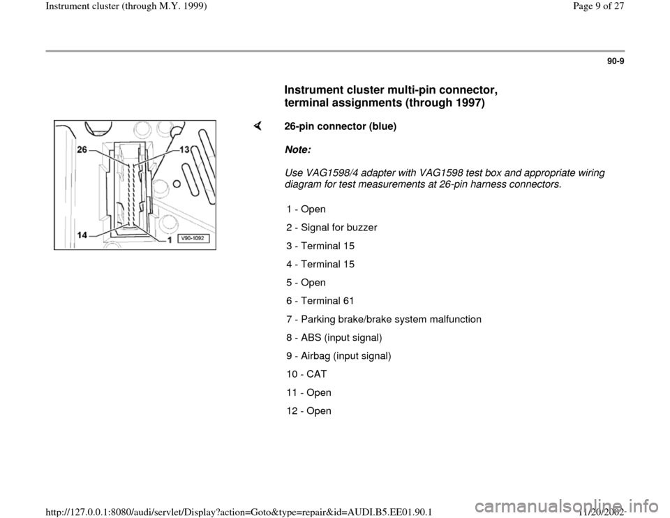 wiring diagram AUDI A4 1996 B5 / 1.G Instrument Cluster Location Diagram  Through Model Year 1999 Workshop Manual (27 Pages)