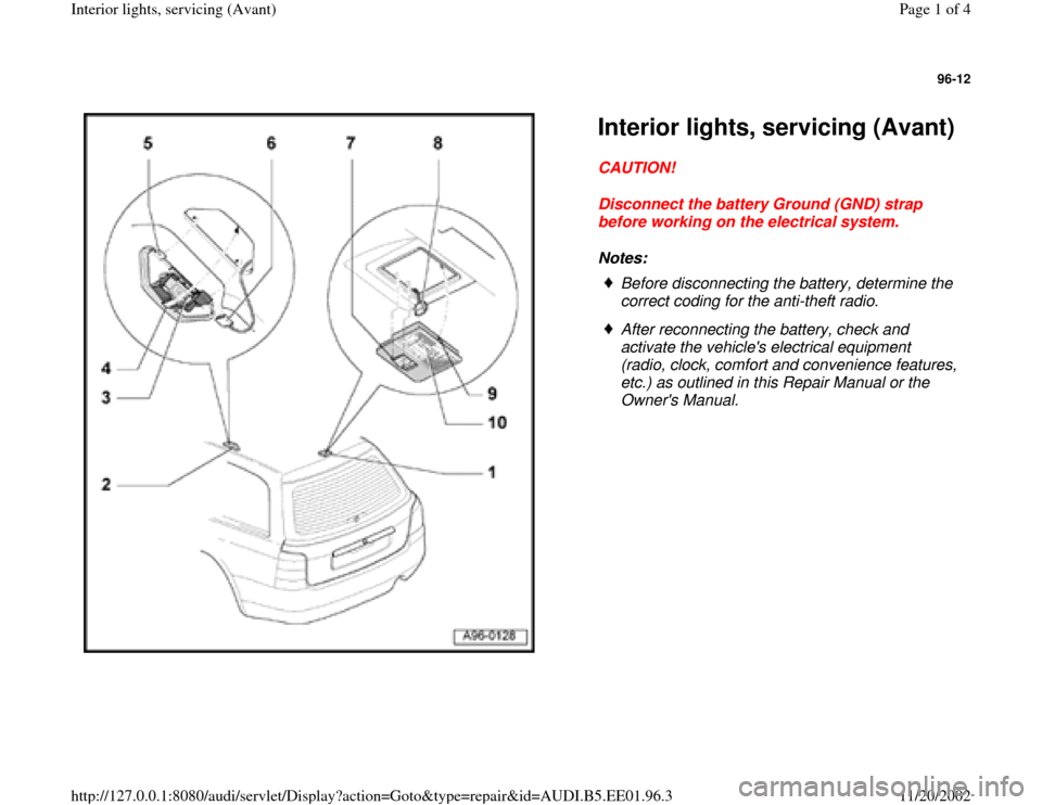 AUDI A4 1996 B5 / 1.G Interior Lights Avant Workshop Manual 