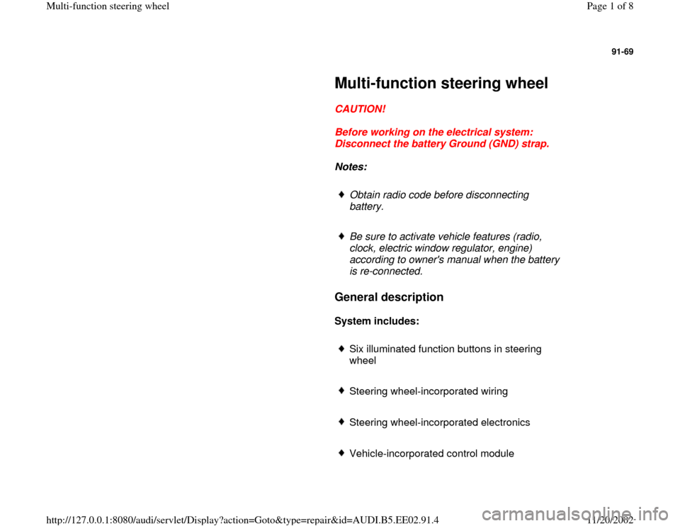 AUDI A4 1998 B5 / 1.G Multi Functions Steering Wheel Workshop Manual 