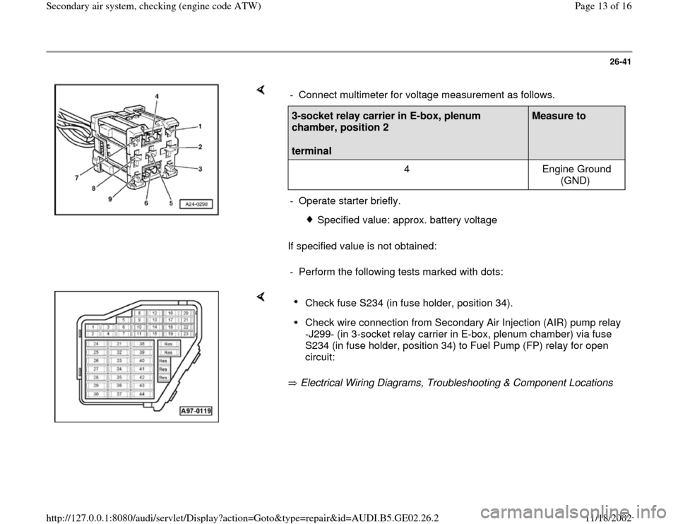 fuse box AUDI A4 2000 B5 / 1.G AEB ATW Engines Secondary Air System  Workshop Manual (16 Pages)
