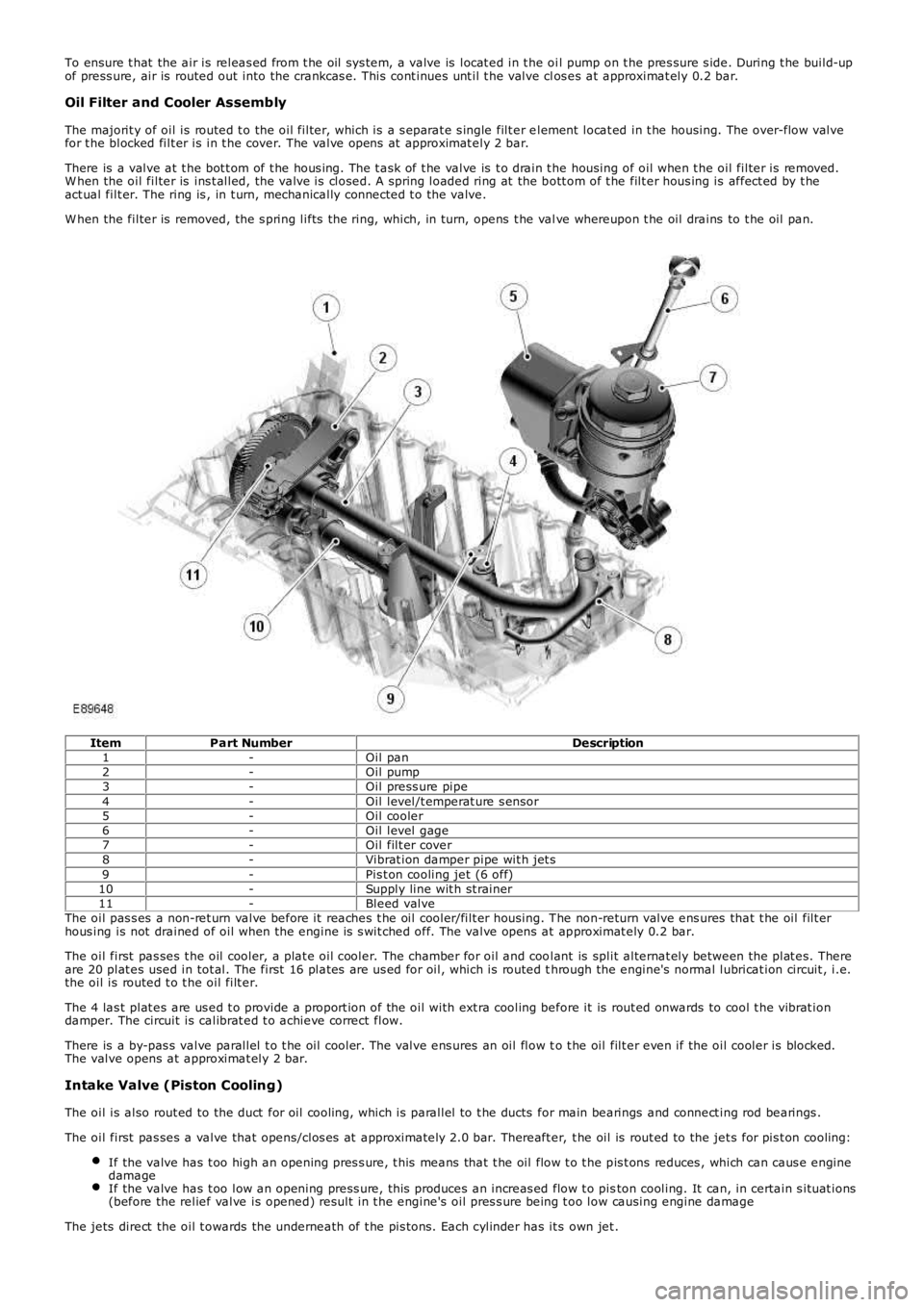 LAND ROVER FRELANDER 2 2006  Repair Manual To ensure t hat  the air is  releas ed from t he oil sys tem, a valve is  locat ed in t he oil pump on t he pres sure s ide. During t he build-upof press ure, air is  routed out into the crankcas e. T