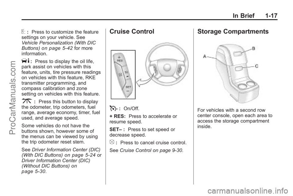 SATURN OUTLOOK 2010  Owners Manual In Brief 1-17
U:Press to customize the feature
settings on your vehicle. See
Vehicle Personalization (With DIC
Buttons)
on page 5‑42for more
information.
T: Press to display the oil life,
park assis