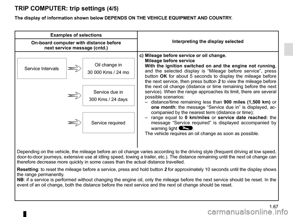 RENAULT KADJAR 2016 1.G Owners Manual 1.67
The display of information shown below DEPENDS ON THE VEHICLE EQUIPMENT \
AND COUNTRY.
TRIP COMPUTER: trip settings (4/5)
Examples of selectionsInterpreting the display selected
On-board computer