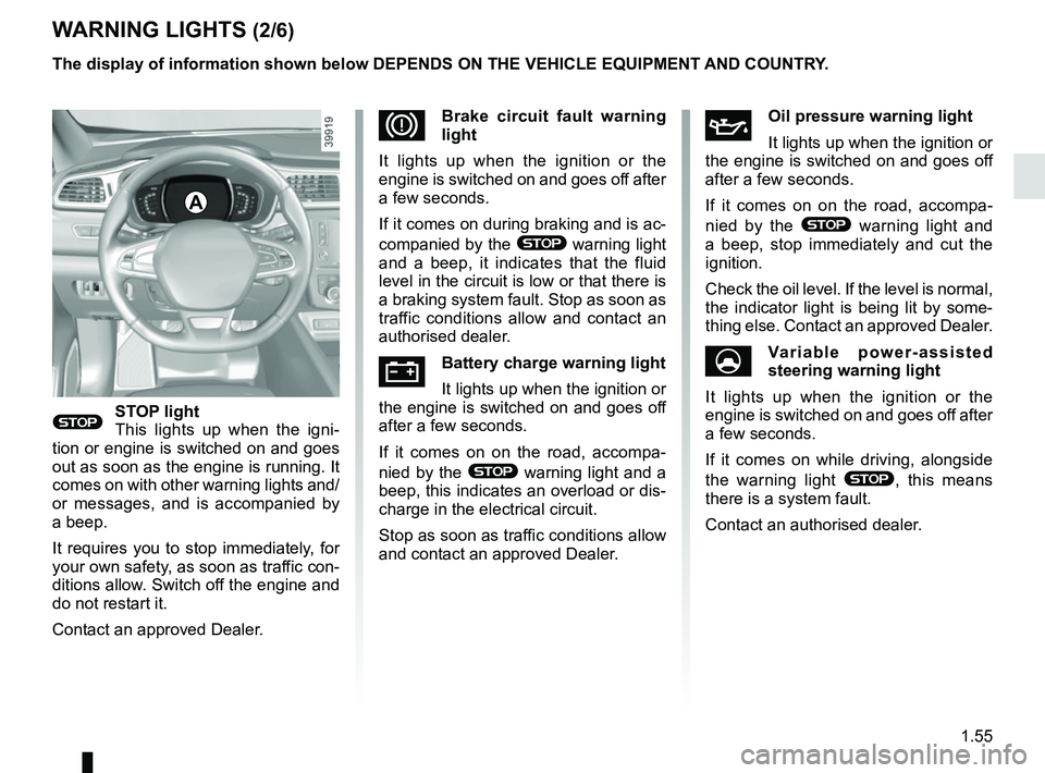 RENAULT KADJAR 2018  Owners Manual 1.55
WARNING LIGHTS (2/6)
®STOP light
This lights up when the igni-
tion or engine is switched on and goes 
out as soon as the engine is running. It 
comes on with other warning lights and/
or messag