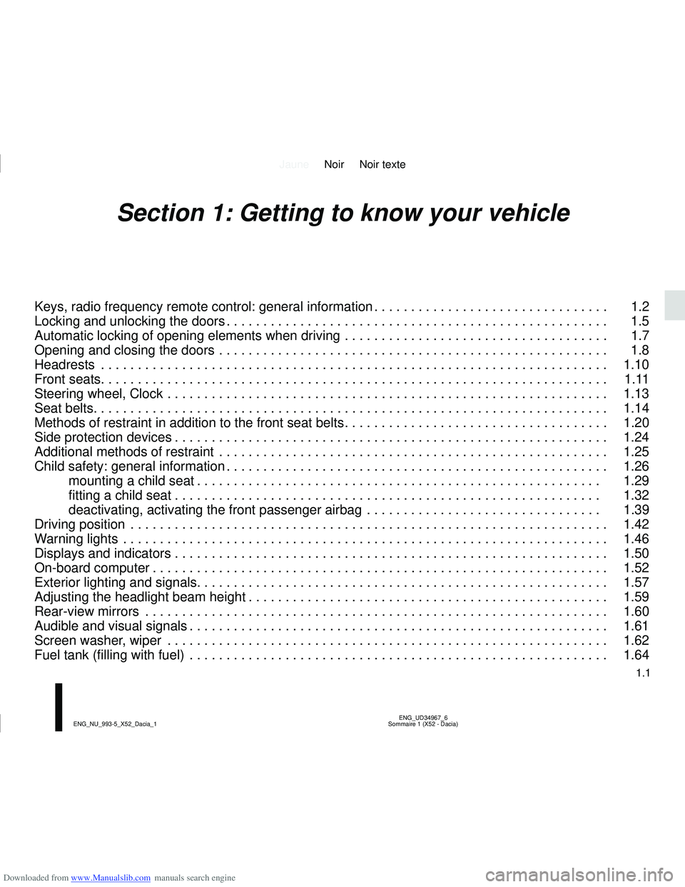 DACIA SANDERO 2022  Owners Manual Downloaded from www.Manualslib.com manuals search engine JauneNoir Noir texte
1.1
ENG_UD34967_6
Sommaire 1 (X52 - Dacia)
ENG_NU_993-5_X52_Dacia_1
Section 1: Getting to know your vehicle
Keys, radio fr
