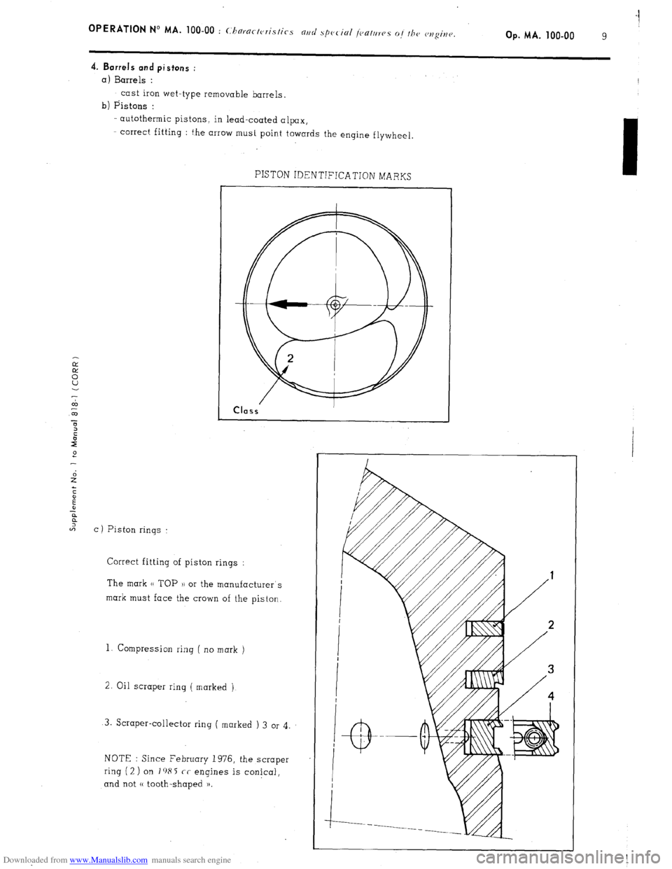 Citroen CX 1977 1.G Repair Manual Downloaded from www.Manualslib.com manuals search engine OPERATION N” MA. 100-00 : (:hnractc,ri.stics arid specinl j(,atrlres o,/ the> cl,gi?lcJ. Op. MA. 100-00 1 
9 
4. Barrels and pistons : 
a) 
B