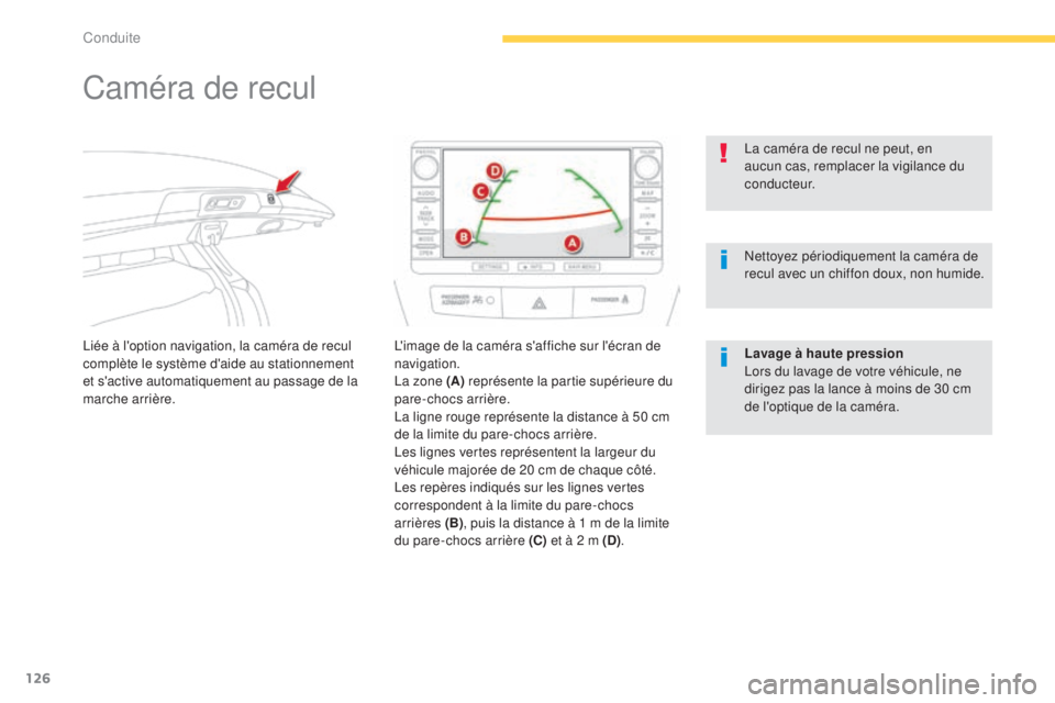 CITROEN C4 AIRCROSS 2016  Notices Demploi (in French) 126
Caméra de recul
liée à l'option navigation, la caméra de recul 
complète le système d'aide au stationnement 
et s'active automatiquement au passage de la 
marche arrière.l'i