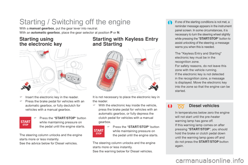 Citroen DS5 HYBRID RHD 2016 1.G Owners Manual Starting / Switching off the engine
F Insert the electronic key in the reader.
F P ress the brake pedal for vehicles with an 
automatic gearbox, or fully declutch for 
vehicles with a manual gearbox.
