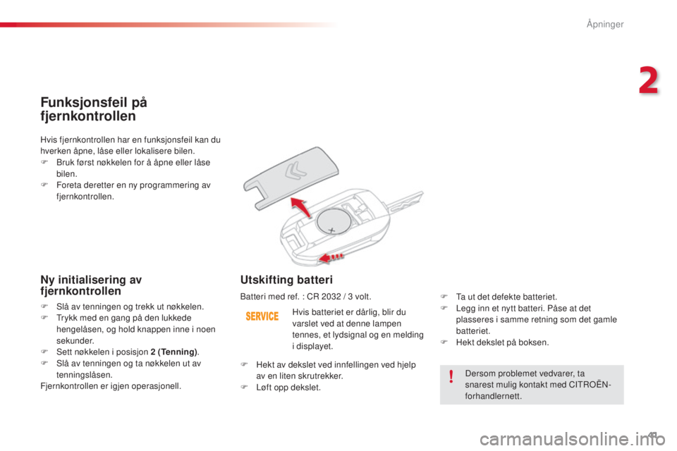 CITROEN C4 CACTUS 2015  InstruksjonsbØker (in Norwegian) 41
C4-cactus_no_Chap02_ouvertures_ed02-2014
Dersom problemet vedvarer, ta 
snarest mulig kontakt med CItroËn-
fo
rhandlernett.
Hvis batteriet er dårlig, blir du 
varslet ved at denne lampen 
tennes,