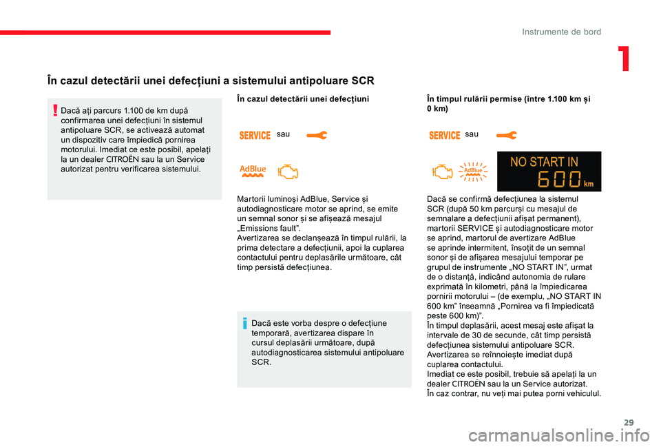 CITROEN C-ELYSÉE 2017  Ghiduri De Utilizare (in Romanian) 29
În cazul detectării unei defecțiuni a sistemului antipoluare SCR
Dacă ați parcurs 1.100 de km după 
confirmarea unei defecțiuni în sistemul 
antipoluare SCR, se activează automat 
un dispo