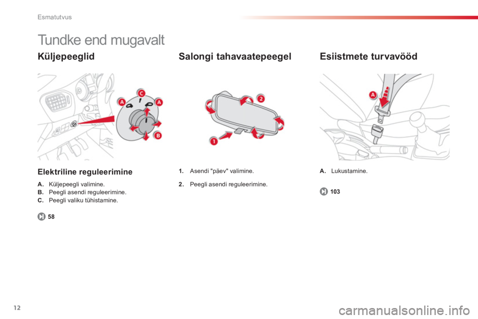 CITROEN C-ELYSÉE 2014  Kasutusjuhend (in Estonian) 12
Esmatutvus
  Tundke end mugavalt 
Küljepeeglid
Elektriline reguleerimine 
A. 
 Küljepeegli valimine.B.Peegli asendi reguleerimine. C.Peegli valiku tühistamine.
5
8
   
Salongi tahavaatepeegel
1.